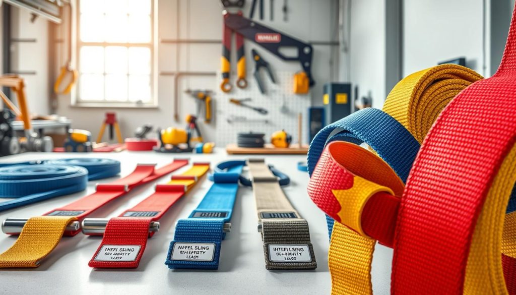 A detailed, photorealistic image of various webbing slings displayed prominently in the foreground. The slings come in different vibrant colors such as red, blue, and yellow, showcasing their robust stitching and load capacities. In the middle ground, include a well-organized set of slings laid out on a clean surface, each labeled with technical specifications like length and weight capacity. The background features a professional workspace with tools and safety equipment subtly arranged, hinting at industrial use without distraction. Soft, natural lighting streams in from a nearby window, highlighting the textures of the webbing and creating gentle shadows for depth. This serene, focused atmosphere conveys reliability and professionalism, ideal for illustrating webbing sling varieties.