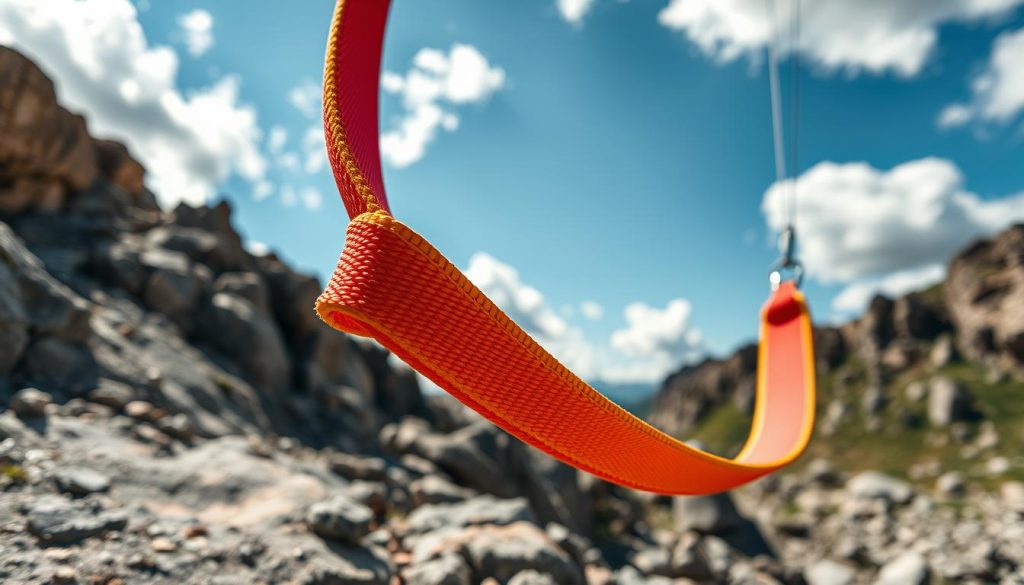 A detailed, photorealistic image showcasing a high-quality webbing sling prominently displayed in the foreground, emphasizing its texture and robust stitching. The sling should be bright, in vibrant colors such as red or yellow to signify safety and visibility. In the middle ground, a rugged outdoor setting illustrating a rocky landscape or climbing site in Tebing Tinggi, with natural light illuminating the scene, casting soft shadows. The background features blue skies with fluffy white clouds, enhancing the feeling of an adventurous spirit. The image should reflect a competitive and transparent pricing atmosphere, designed to attract attention and convey trustworthiness. Use a wide-angle lens to create a dynamic perspective, ensuring clarity and focus on the sling while capturing the beauty of the surroundings.