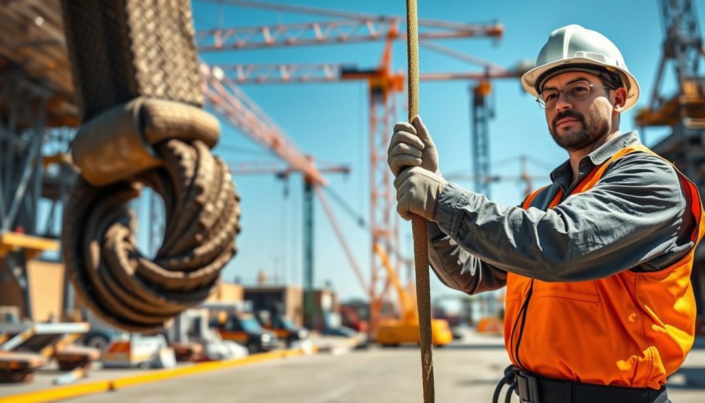 A high-definition, photorealistic image depicting the safe usage of webbing slings in a lifting and lashing scenario. In the foreground, a strong, reliable webbing sling is depicted, clearly demonstrating its secure loop and attachment points. In the middle ground, a professional worker dressed in safety gear, including a helmet and gloves, carefully handles the sling as they prepare to lift an industrial load, showcasing proper techniques and safety practices. The background features a construction site with cranes and equipment, illustrating an active work environment. The lighting is bright and natural, emphasizing the clarity and safety of the scene, with a slight focus on the worker's focused expression, conveying a sense of professionalism and diligence.