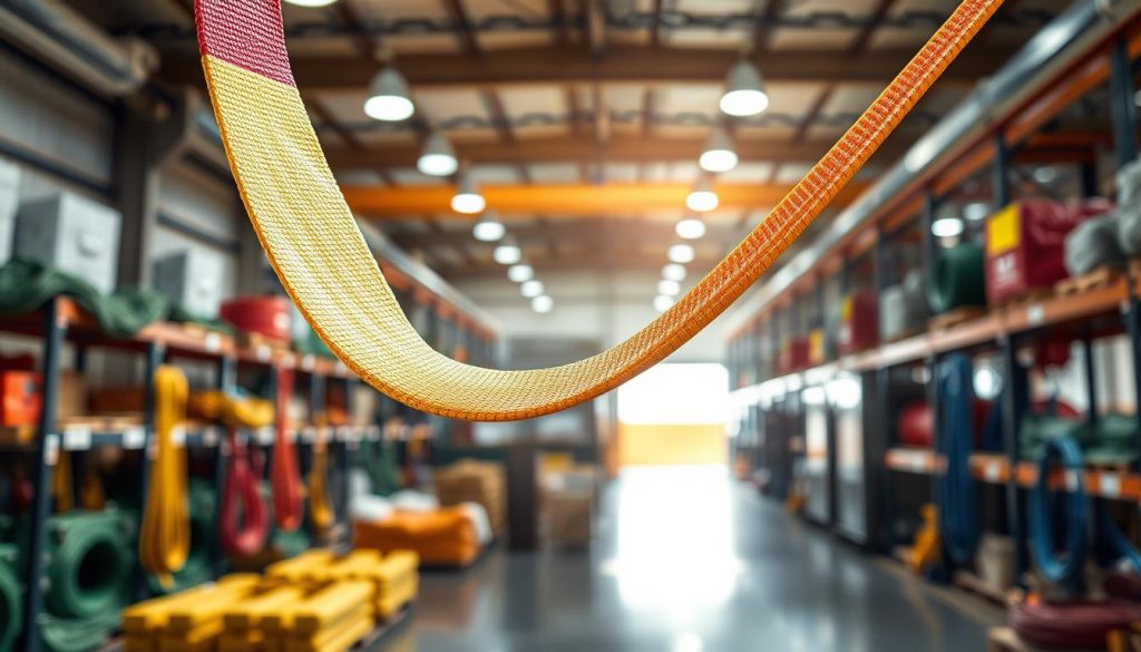 A high-definition, photorealistic image of a vibrant, durable webbing sling displayed prominently in the foreground, showcasing its high tensile strength and intricate weave patterns. The sling should be suspended in midair to emphasize its flexibility and strength, with sunlight glistening off its surface, creating a dynamic interplay of light and shadow. In the middle background, a professional warehouse setting is suggested, with neatly organized slings and industrial equipment to imply a setting of quality assurance. The overall atmosphere is one of reliability and professionalism, symbolizing the excellence and guarantees provided by a trusted distributor. Use a shallow depth of field to keep the focus on the webbing sling while softly blurring the background, creating a clean, crisp composition with a slight upward angle for added impact.