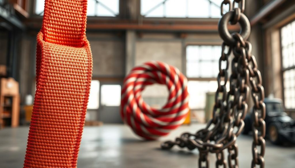 A high-definition, photorealistic image of a webbing sling, prominently displayed in the foreground, showcasing its vibrant color and texture, with the webbing's intricate weave clearly visible. In the middle ground, include a contrasting wire rope sling coiled neatly, and a sturdy chain sling draped over a heavy industrial hook. The background should depict a well-lit workshop environment, with soft, diffused natural light filtering through large windows, creating a safe and professional atmosphere. Use a slightly low-angle perspective to emphasize the strength and durability of the slings, highlighting their practical applications. The mood should be focused and informative, suitable for an article’s visual comparison. Avoid any text, captions, or watermarks in the image.