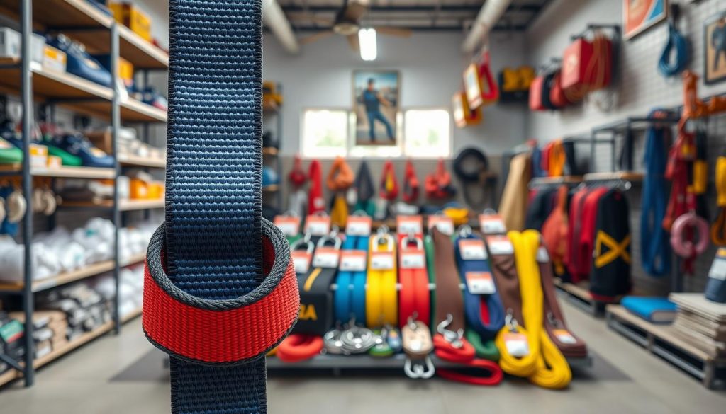 A high-definition photorealistic image of a webbing sling prominently displayed in the foreground, showcasing its texture and vibrant colors. In the middle ground, include a display of various sizes and configurations of webbing slings, neatly arranged to highlight price tags that suggest affordability. The background should depict a professional setting, such as a hardware store in Tanjungbalai, with shelves lined with other lifting equipment. Soft, natural lighting filters in from the store's windows, creating a welcoming atmosphere. The angle of the shot should be slightly above eye level to capture both the slings and the store environment, reflecting a serious yet engaging mood that informs viewers about the prices and options available. A high-definition photorealistic image of a webbing sling prominently displayed in the foreground, showcasing its texture and vibrant colors. In the middle ground, include a display of various sizes and configurations of webbing slings, neatly arranged to highlight price tags that suggest affordability. The background should depict a professional setting, such as a hardware store in Tanjungbalai, with shelves lined with other lifting equipment. Soft, natural lighting filters in from the store's windows, creating a welcoming atmosphere. The angle of the shot should be slightly above eye level to capture both the slings and the store environment, reflecting a serious yet engaging mood that informs viewers about the prices and options available.
