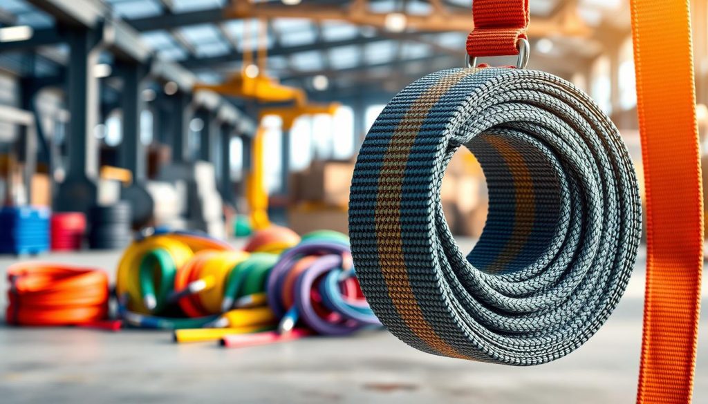 A high-definition, photorealistic image of a webbing sling spanset displayed prominently in the foreground, showcasing its woven fabric texture and vibrant colors. The sling should be neatly arranged in a way that highlights its strength and flexibility, with the unique stitching and hardware clearly visible. In the middle ground, include various types of webbing slings in different colors and lengths, emphasizing diversity and utility. The background should feature a blurred industrial setting, like a warehouse or construction site, to convey a professional atmosphere. Natural lighting should illuminate the scene, casting gentle shadows that enhance the three-dimensional look of the slings. Aim for a clear depth of field, focusing sharply on the webbing slings while subtly fading the background for a clean, informative composition. A high-definition, photorealistic image of a webbing sling spanset displayed prominently in the foreground, showcasing its woven fabric texture and vibrant colors. The sling should be neatly arranged in a way that highlights its strength and flexibility, with the unique stitching and hardware clearly visible. In the middle ground, include various types of webbing slings in different colors and lengths, emphasizing diversity and utility. The background should feature a blurred industrial setting, like a warehouse or construction site, to convey a professional atmosphere. Natural lighting should illuminate the scene, casting gentle shadows that enhance the three-dimensional look of the slings. Aim for a clear depth of field, focusing sharply on the webbing slings while subtly fading the background for a clean, informative composition.