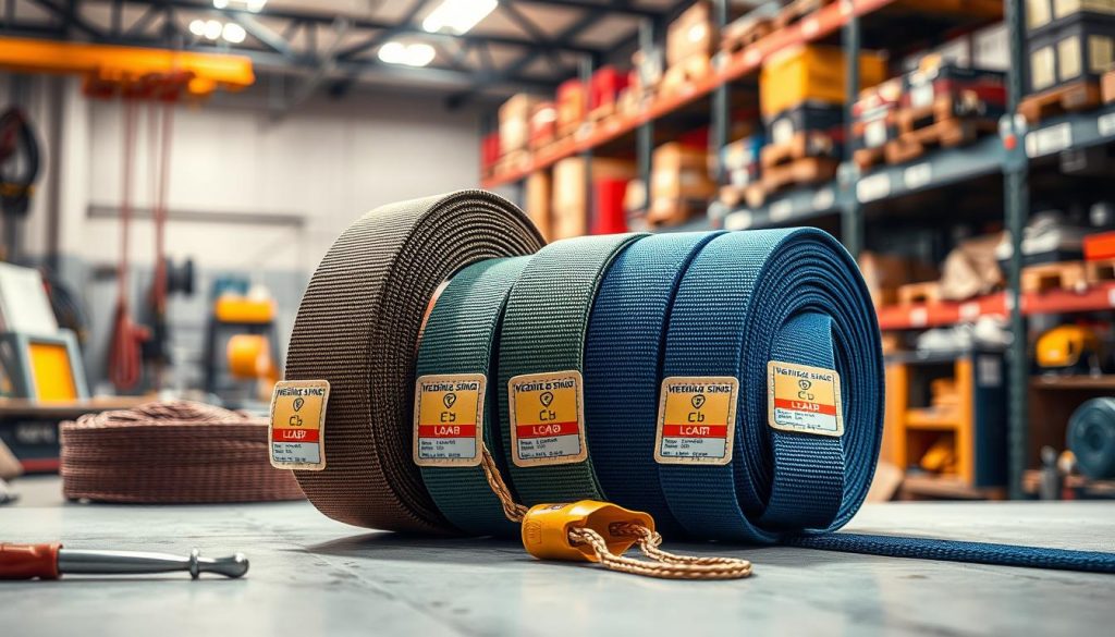 A high-definition, photorealistic image of assorted webbing slings displayed prominently in the foreground, emphasizing their varying capacities. Each sling should showcase a distinct color, equipped with clear load indicators such as labels or tags. The slings are arranged neatly on a clean, textured surface, such as a workbench or industrial setting. In the middle ground, tools and equipment can be subtly blurred to keep the focus on the slings. The background features a softly lit warehouse environment with shelves filled with lifting gear to indicate an industrial atmosphere. The overall mood is professional and informative, highlighting the reliability and safety of webbing slings. Use warm, natural lighting to enhance the colors and textures of the slings, creating depth and an inviting atmosphere.
