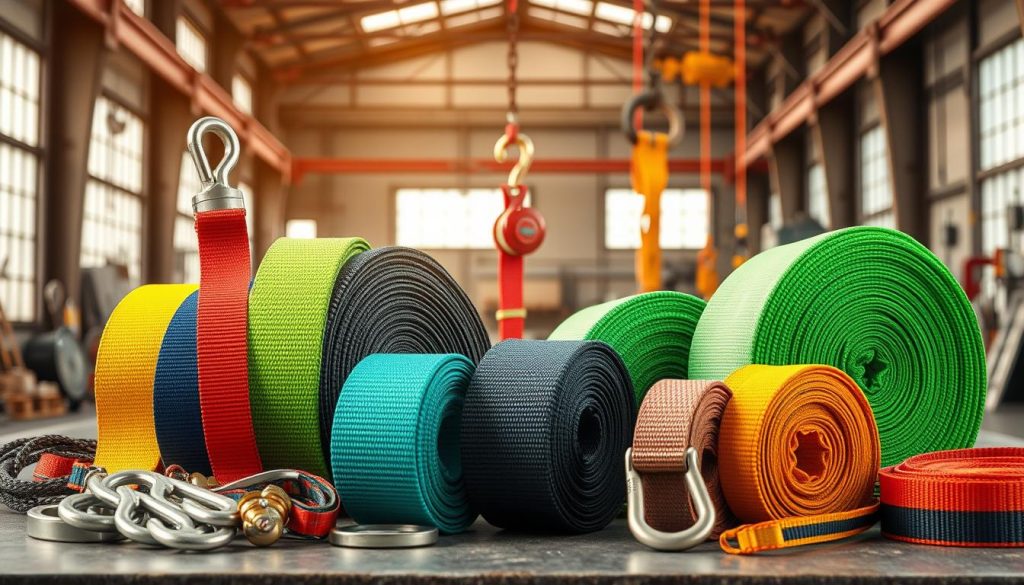 A high-definition, photorealistic image of various types of webbing slings displayed prominently in the foreground, showcasing their vibrant colors and diverse textures. The slings should be neatly arranged to highlight their different sizes and load capacities, emphasizing their practical design. In the middle ground, include tools and equipment typically associated with the use of webbing slings, such as hooks and pulleys, providing context. The background should feature a well-lit, industrial setting, perhaps a workshop or warehouse, with soft, natural lighting filtering through large windows to create a warm, inviting atmosphere. The overall mood should convey professionalism and reliability, appealing to customers interested in purchasing webbing slings.