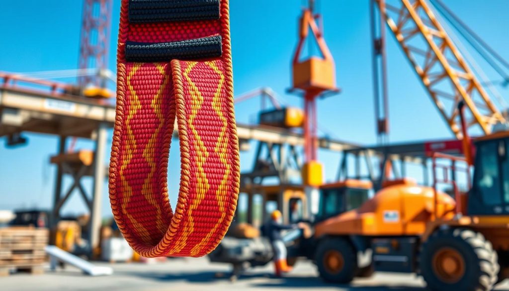 A highly detailed, photorealistic image of a webbing sling spanset, prominently displayed in the foreground. The sling should be shown in vibrant colors, with intricate weaves and reinforced ends, demonstrating its strength and versatility. In the middle ground, showcase a construction or industrial setting, with equipment and machinery in use, emphasizing the operational environment where such slings are employed. The background should include a clear blue sky, hinting at an outdoor workplace, bathed in natural light to enhance the colors and textures of the sling. Use a slightly low angle to give the sling an imposing presence while maintaining an atmosphere of safety and professionalism, highlighting its importance for efficient operations. A highly detailed, photorealistic image of a webbing sling spanset, prominently displayed in the foreground. The sling should be shown in vibrant colors, with intricate weaves and reinforced ends, demonstrating its strength and versatility. In the middle ground, showcase a construction or industrial setting, with equipment and machinery in use, emphasizing the operational environment where such slings are employed. The background should include a clear blue sky, hinting at an outdoor workplace, bathed in natural light to enhance the colors and textures of the sling. Use a slightly low angle to give the sling an imposing presence while maintaining an atmosphere of safety and professionalism, highlighting its importance for efficient operations.