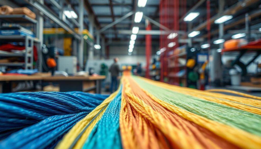 A photorealistic close-up image of synthetic fiber materials, showcasing their intricate textures and weaves. In the foreground, display vibrant strands of synthetic fibers in various colors, demonstrating strength and flexibility. The middle ground features a well-lit, organized workspace with tools and equipment related to webbing sling production, emphasizing craftsmanship. The background displays a blurred view of industrial machinery typical in fabric manufacturing. Use soft, diffused lighting to create an inviting and professional atmosphere, simulating a workshop environment. Capture the scene from a slightly elevated angle to provide depth. The overall mood should reflect innovation and reliability in material engineering, highlighting the importance of synthetic fibers in creating durable and flexible products.