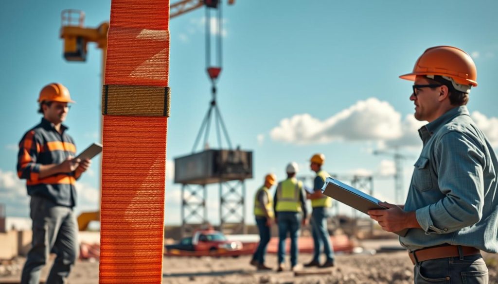 A photorealistic image capturing the practical use of a webbing sling in an outdoor setting. In the foreground, a sturdy, bright-colored webbing sling is securely attached to a heavy load being lifted by a crane. The scene showcases a professional in modest casual clothing, focused and wearing a safety helmet, overseeing the operation with a clipboard in hand. In the middle ground, workers are collaborating, ensuring safety protocols while preparing for the lift. The background features a construction site with clear blue skies and a few fluffy clouds. Soft, natural sunlight casts gentle shadows, enhancing the details of the webbing sling. The mood conveys attention to safety and professionalism, reflecting the importance of using webbing slings correctly in field operations. A photorealistic image capturing the practical use of a webbing sling in an outdoor setting. In the foreground, a sturdy, bright-colored webbing sling is securely attached to a heavy load being lifted by a crane. The scene showcases a professional in modest casual clothing, focused and wearing a safety helmet, overseeing the operation with a clipboard in hand. In the middle ground, workers are collaborating, ensuring safety protocols while preparing for the lift. The background features a construction site with clear blue skies and a few fluffy clouds. Soft, natural sunlight casts gentle shadows, enhancing the details of the webbing sling. The mood conveys attention to safety and professionalism, reflecting the importance of using webbing slings correctly in field operations.