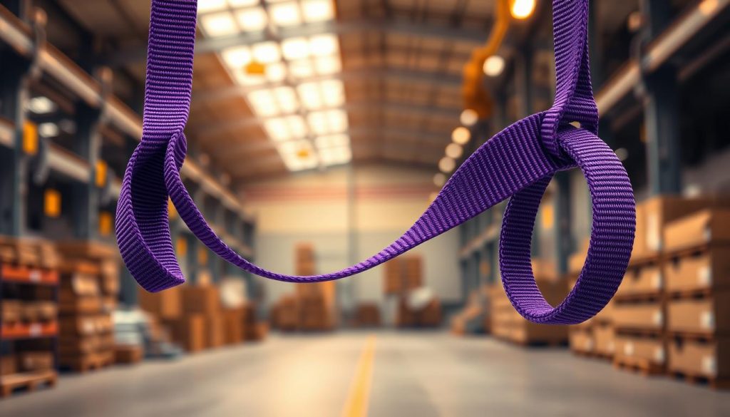 A photorealistic image of a Powertec webbing sling in deep purple, prominently displayed in the foreground. The sling should be shown in a close-up view, capturing its texture, stitching, and strong loops at both ends. The background features a softly blurred industrial setting, suggesting a warehouse with soft lighting that creates a professional atmosphere. Use a shallow depth of field to emphasize the details of the sling, with warm, natural lighting illuminating its vibrant color. The overall mood should be practical and informative, conveying reliability and strength, suitable for an article about webbing slings. Ensure no text or branding is visible in the image.