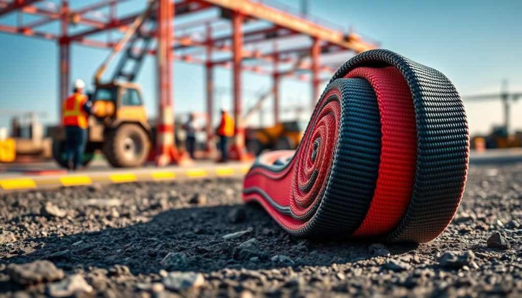 A photorealistic image of a heavy-duty webbing sling prominently displayed in the foreground, showcasing its strong, flexible texture and vibrant colors. The sling should be lying on a rugged, industrial surface that reflects its durability. In the middle ground, a blurred construction site can be seen, with equipment and workers in professional safety attire, emphasizing practical use. The background features a clear blue sky, symbolizing safety and reliability. Natural sunlight softly illuminates the scene, highlighting the stitching and rugged quality of the webbing sling. The image evokes a sense of strength and professionalism, appealing to industries reliant on durable lifting equipment.