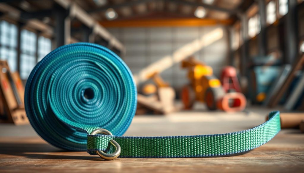 A photorealistic image of a high-quality webbing sling displayed prominently in the foreground, showcasing its vibrant colors and texture, such as deep blues and greens. The webbing sling is neatly coiled or laid out, emphasizing its strength and durability. In the middle ground, a close-up view of the stitching and hardware details, like hooks or buckles, highlights craftsmanship. The background should feature an industrial setting, such as a warehouse or outdoor construction site with tools and machinery subtly blurred to create depth. Soft, natural lighting illuminates the scene, casting gentle shadows that enhance the textures. The overall mood is professional and informative, inviting attention to the quality and pricing aspect of webbing slings. A photorealistic image of a high-quality webbing sling displayed prominently in the foreground, showcasing its vibrant colors and texture, such as deep blues and greens. The webbing sling is neatly coiled or laid out, emphasizing its strength and durability. In the middle ground, a close-up view of the stitching and hardware details, like hooks or buckles, highlights craftsmanship. The background should feature an industrial setting, such as a warehouse or outdoor construction site with tools and machinery subtly blurred to create depth. Soft, natural lighting illuminates the scene, casting gentle shadows that enhance the textures. The overall mood is professional and informative, inviting attention to the quality and pricing aspect of webbing slings.