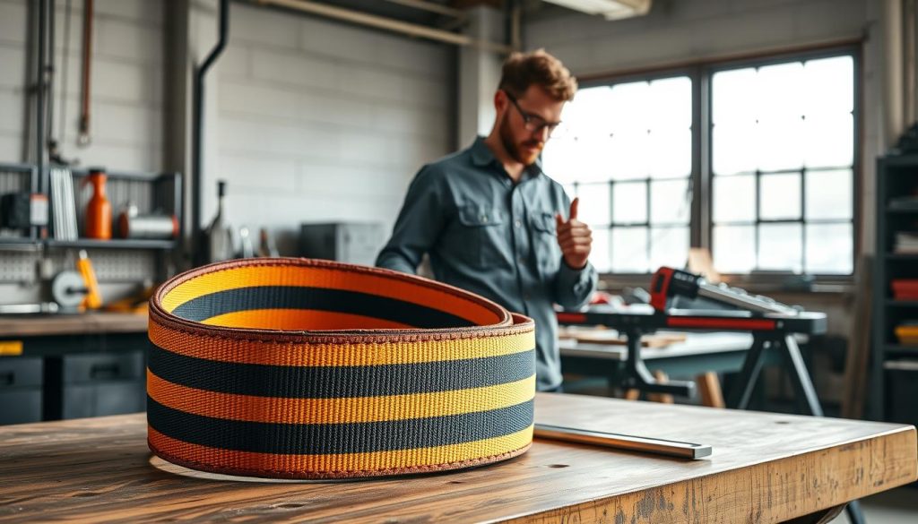 A photorealistic image of a model sling belt prominently displayed on a sturdy industrial workbench. In the foreground, the sling belt has vibrant colors, showcasing its heavy-duty webbing texture with reinforced stitching. In the middle ground, a set of tools and measuring equipment is arranged neatly to create a realistic industrial setting. The background features a large window allowing natural light to flood the scene, highlighting the details of the sling belt, with soft shadows adding depth. A professional business worker in modest casual attire is examining the sling belt, observing its quality. The overall mood is one of professionalism and craftsmanship, emphasizing the practicality of the model sling belt in an industry context.