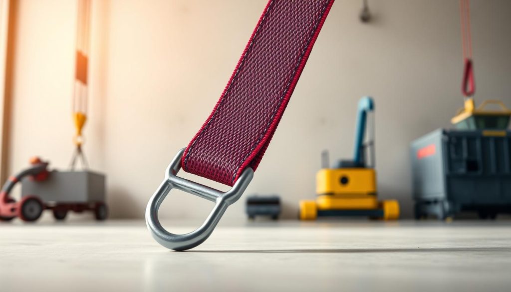 A photorealistic image of a model webbing sling displayed prominently in the foreground, showcasing its robust design and heavy-duty stitching. The sling should be shown with a close-up view of its ends, highlighting various lifting methods such as looped, flat, and reinforced designs. A soft, diffused light illuminates the fabric texture, revealing the vibrant colors of the webbing against a neutral background. In the middle ground, subtle hints of industrial equipment can be seen, implying a lifting context. The overall atmosphere should convey reliability and professionalism, making the viewer feel assured of the sling's strength and versatility. The image should be crisp and detailed, with a slight depth of field effect to keep focus on the sling.