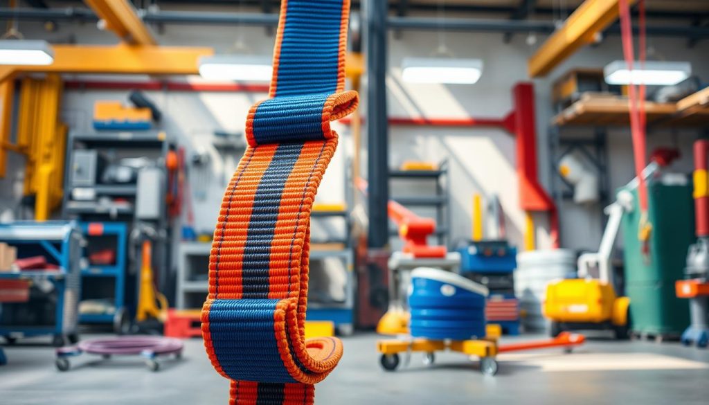 A photorealistic image of a webbing sling designed for various load capacities, prominently displayed in the foreground. The sling is made of sturdy, high-quality material with vivid colors, showcasing its durability and versatility for both light and heavy loads. In the middle ground, a well-organized workspace environment featuring a backdrop of tools and equipment used in lifting and rigging, subtly emphasizing its practical applications. The lighting is bright and natural, creating a professional atmosphere, with soft shadows enhancing details on the webbing sling. This image conveys reliability and strength, suitable for an article focused on webbing slings in Tanjungbalai. The angle should be slightly tilted to give a dynamic view of the sling's features. A photorealistic image of a webbing sling designed for various load capacities, prominently displayed in the foreground. The sling is made of sturdy, high-quality material with vivid colors, showcasing its durability and versatility for both light and heavy loads. In the middle ground, a well-organized workspace environment featuring a backdrop of tools and equipment used in lifting and rigging, subtly emphasizing its practical applications. The lighting is bright and natural, creating a professional atmosphere, with soft shadows enhancing details on the webbing sling. This image conveys reliability and strength, suitable for an article focused on webbing slings in Tanjungbalai. The angle should be slightly tilted to give a dynamic view of the sling's features.