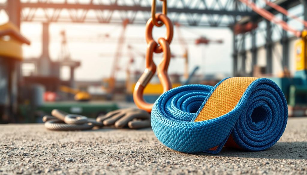 A photorealistic image of a webbing sling made of high-strength material, showcasing its texture and durability. In the foreground, display the webbing sling resting on a textured surface, highlighting its vibrant color and weave pattern. The middle ground should feature a pair of industrial gloves and a heavy-duty hook, emphasizing its application in lifting and rigging. In the background, a blurred industrial environment can be seen, with cranes and equipment hinting at a working site. Utilize soft, natural lighting to create an inviting atmosphere, capturing the strength and resistance of the webbing sling while ensuring high definition details and sharp focus. A photorealistic image of a webbing sling made of high-strength material, showcasing its texture and durability. In the foreground, display the webbing sling resting on a textured surface, highlighting its vibrant color and weave pattern. The middle ground should feature a pair of industrial gloves and a heavy-duty hook, emphasizing its application in lifting and rigging. In the background, a blurred industrial environment can be seen, with cranes and equipment hinting at a working site. Utilize soft, natural lighting to create an inviting atmosphere, capturing the strength and resistance of the webbing sling while ensuring high definition details and sharp focus.