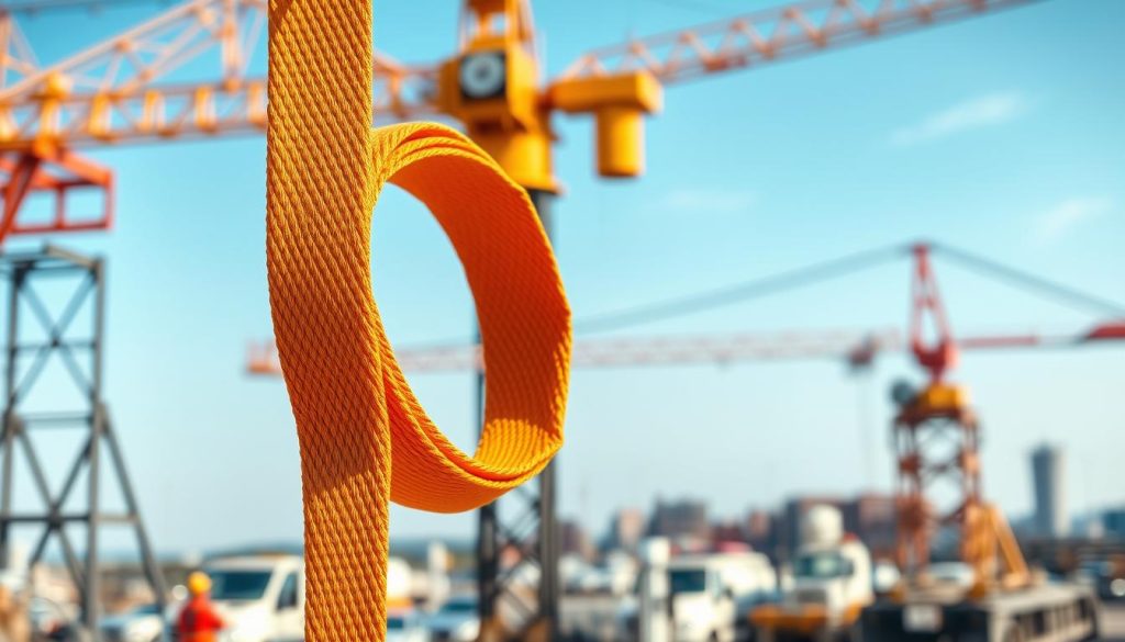 A photorealistic image of a webbing sling placed prominently in the foreground, showcasing its texture and versatility. The sling should be brightly colored, demonstrating its strength and flexibility, against a backdrop of a construction site or outdoor setting, emphasizing its practical use. In the middle ground, include a blurred view of a crane or lifting equipment to convey its application in heavy lifting. The background should feature a clear blue sky or a bustling urban landscape, adding to the atmosphere of industry and reliability. Use warm, natural lighting to enhance the textures of the webbing sling, while keeping the focus sharp and inviting viewers to appreciate its advantages over wire ropes and chain slings. The image should evoke a sense of professionalism and safety.