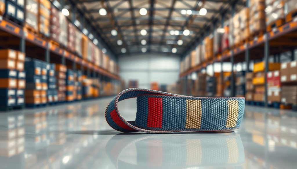 A photorealistic image of a webbing sling prominently displayed in the foreground on a clean, reflective surface. The sling should feature vibrant colors, showcasing its durable material and intricate weave patterns. In the middle ground, soft lighting enhances the texture, casting gentle shadows to highlight the quality of the webbing. A blurred warehouse environment fades into the background, with rows of similar products suggesting a variety of options available for sale. The atmosphere should convey professionalism and reliability, echoing the theme of competitive pricing and flexible minimum orders. Use a high-definition lens effect to emphasize details and create an engaging visual experience, ensuring no text or watermarks are present. A photorealistic image of a webbing sling prominently displayed in the foreground on a clean, reflective surface. The sling should feature vibrant colors, showcasing its durable material and intricate weave patterns. In the middle ground, soft lighting enhances the texture, casting gentle shadows to highlight the quality of the webbing. A blurred warehouse environment fades into the background, with rows of similar products suggesting a variety of options available for sale. The atmosphere should convey professionalism and reliability, echoing the theme of competitive pricing and flexible minimum orders. Use a high-definition lens effect to emphasize details and create an engaging visual experience, ensuring no text or watermarks are present.