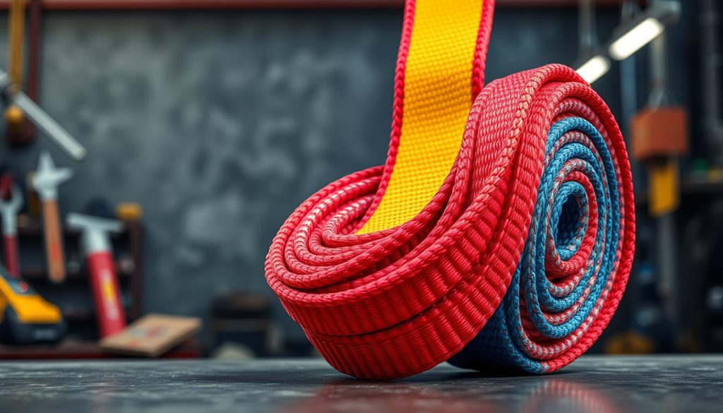 A photorealistic image of a webbing sling, showcasing its vibrant colors and intricate texture. The foreground features the webbing sling coiled neatly, highlighting its robust stitching and durable material. In the middle, the sling is displayed against a textured industrial background, suggesting its use in heavy lifting scenarios. Soft, diffused lighting illuminates the sling, casting gentle shadows that enhance its details. The background is slightly blurred, depicting a workshop environment with tools and equipment, emphasizing functionality and safety. The overall mood is professional and focused, suitable for illustrating product specifications, with no human figures included.