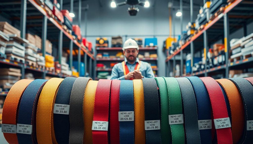 A photorealistic image of various webbing slings displayed in a well-lit warehouse setting, emphasizing their load capacity features. In the foreground, multiple colorful webbing slings of different sizes and specifications are neatly arranged, showcasing labels indicating their maximum load capacities. The middle ground features a worker in professional attire examining the slings with a tape measure, ensuring proper selection for heavy lifting applications. The background displays shelves stocked with additional lifting equipment, all illuminated by soft, diffused lighting that highlights the textures of the materials. The atmosphere conveys a sense of professionalism and reliability, suitable for an article focused on heavy-duty lifting solutions.
