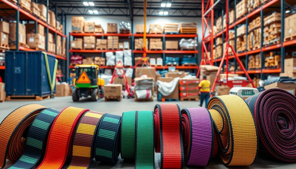 A photorealistic image showcasing a variety of popular sling designs suitable for different load shapes. In the foreground, display a selection of colorful webbing slings with vibrant patterns and different widths, neatly arranged. The middle ground features a diverse range of loads, such as boxes, equipment, and construction materials, each secured with slings to illustrate their functionality. The background includes a well-lit warehouse setting with shelves stocked with similar slings, creating a professional atmosphere. Use soft, even lighting to highlight the textures and colors of the slings while ensuring that the overall mood is informative and inviting. Utilize a slightly elevated angle to provide a comprehensive view of the products.