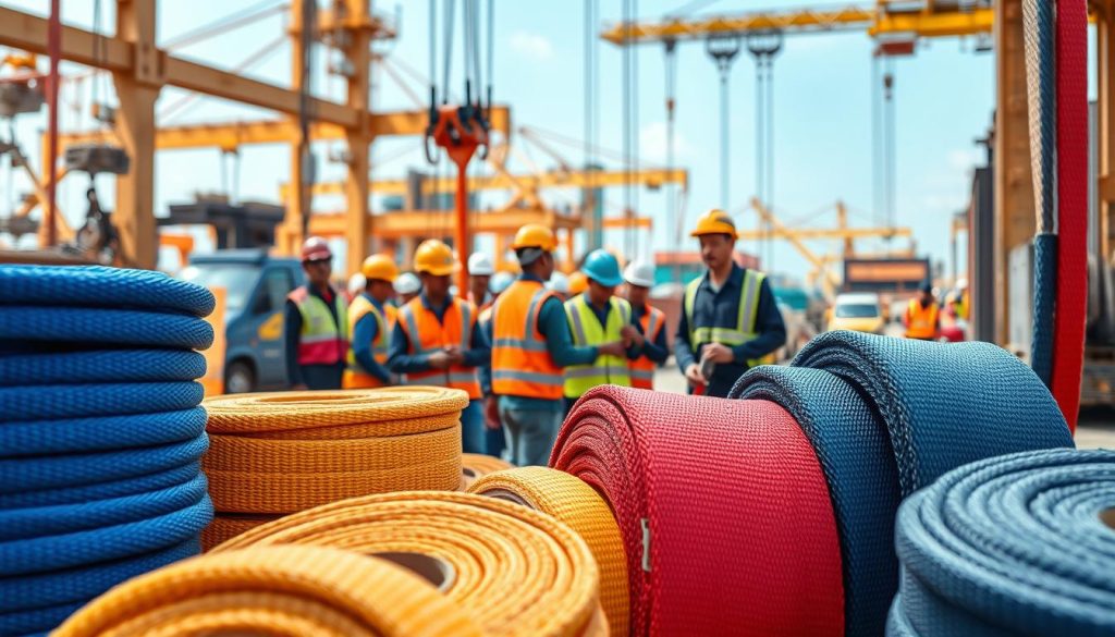 A photorealistic image showcasing various webbing slings used in industrial applications across Indonesia. In the foreground, prominent spools of colorful webbing slings, varying in thickness and lengths, display their robust textures and strong stitching. The middle ground features a diverse group of professionals in safety gear, including hard hats and reflective vests, working together to secure loads with the webbing slings in an industrial setting. The background depicts a vibrant Indonesian factory environment with cranes and machinery, under natural daylight that enhances the colors and details. The atmosphere conveys a sense of teamwork and safety, highlighting the versatility and reliability of webbing slings in multiple industries. The image should be captured from a slightly elevated angle to give a comprehensive view of the scene. A photorealistic image showcasing various webbing slings used in industrial applications across Indonesia. In the foreground, prominent spools of colorful webbing slings, varying in thickness and lengths, display their robust textures and strong stitching. The middle ground features a diverse group of professionals in safety gear, including hard hats and reflective vests, working together to secure loads with the webbing slings in an industrial setting. The background depicts a vibrant Indonesian factory environment with cranes and machinery, under natural daylight that enhances the colors and details. The atmosphere conveys a sense of teamwork and safety, highlighting the versatility and reliability of webbing slings in multiple industries. The image should be captured from a slightly elevated angle to give a comprehensive view of the scene.