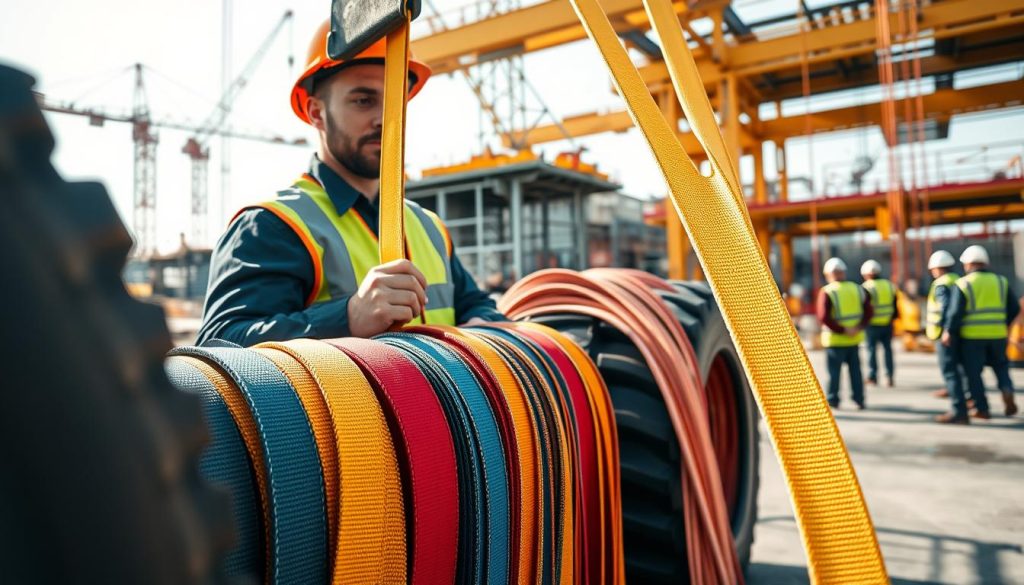 A professional setting showcasing the safe use of webbing slings during industrial operations. In the foreground, a well-dressed worker in a helmet and safety gear is carefully inspecting a brightly colored webbing sling connected to heavy equipment. The middle layer features a variety of webbing slings organized neatly, highlighting their strong, durable fabric and reinforced stitching. In the background, a construction site with cranes and workers in safety vests emphasizes a focus on workplace safety and compliance. Bright natural lighting creates a clean, uplifting atmosphere, emphasizing the importance of safety. Capture the scene with a wide-angle lens to showcase depth, ensuring a sharp focus on the worker and the safety equipment, while maintaining a professional and informative tone. A professional setting showcasing the safe use of webbing slings during industrial operations. In the foreground, a well-dressed worker in a helmet and safety gear is carefully inspecting a brightly colored webbing sling connected to heavy equipment. The middle layer features a variety of webbing slings organized neatly, highlighting their strong, durable fabric and reinforced stitching. In the background, a construction site with cranes and workers in safety vests emphasizes a focus on workplace safety and compliance. Bright natural lighting creates a clean, uplifting atmosphere, emphasizing the importance of safety. Capture the scene with a wide-angle lens to showcase depth, ensuring a sharp focus on the worker and the safety equipment, while maintaining a professional and informative tone.