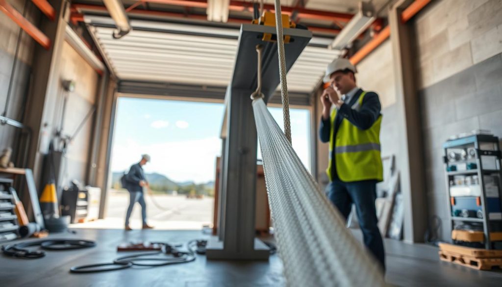 A professional worksite scene depicting the safe use of a webbing sling, showcasing a team of two workers in business attire carefully securing a heavy load. In the foreground, the focus is on the webbing sling being looped around a sturdy metal beam, illustrating its correct application. The middle ground features industrial tools and safety equipment, emphasizing a well-organized workspace. In the background, a bright and clear sky is visible through an open garage door, suggesting an outdoor environment. The image should be brightly lit with natural light, creating a sense of professionalism and safety. Capture the scene with a slightly tilted angle for dynamic perspective, ensuring a photorealistic quality.